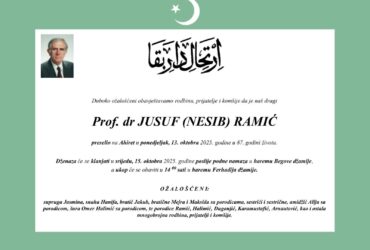 Dženaza profesoru Jusufu Ramiću nakon podne-namaza u haremu Gazi Husrev-begove džamije, ukop u haremu Ferhadija džamije